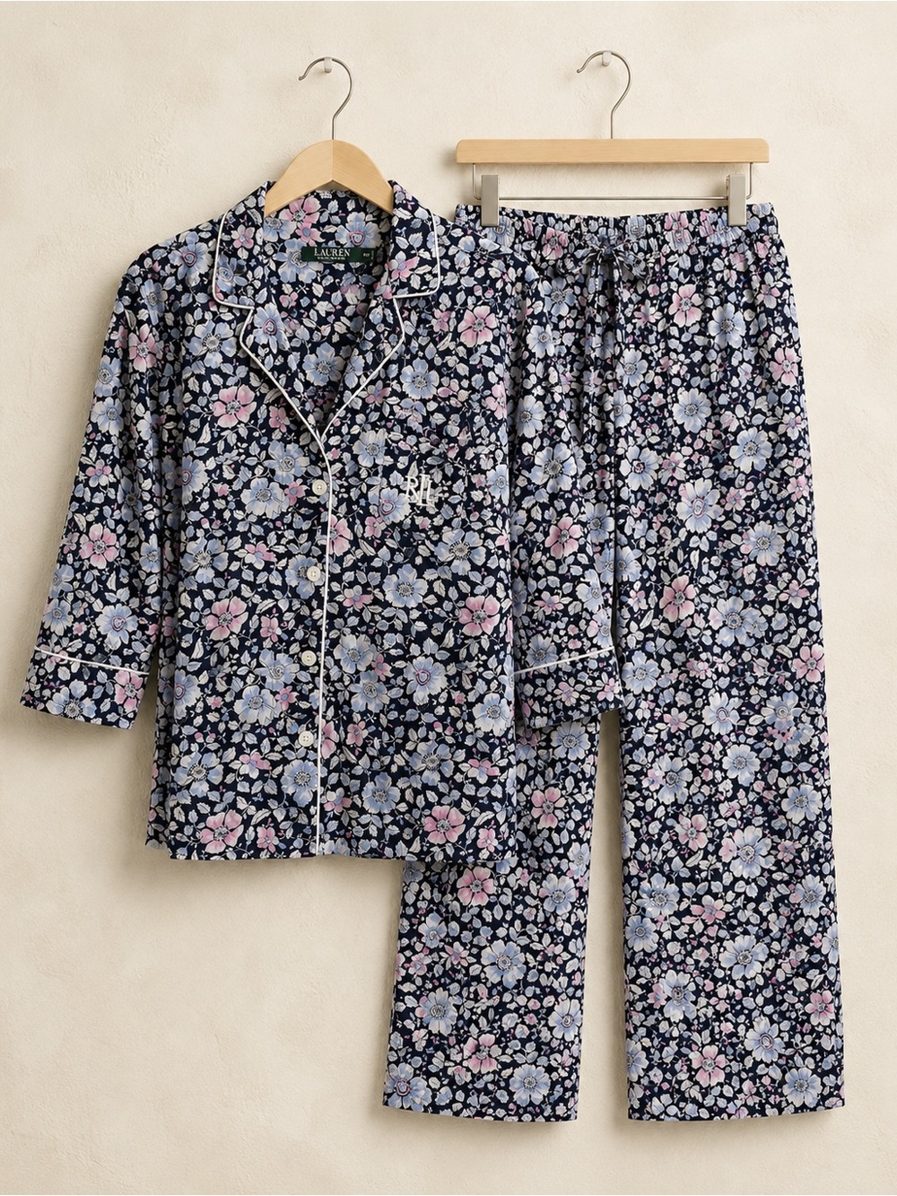 Lauren Ralph Lauren Navy Floral Cotton Pajama Set Navy/Pink Size Petite Medium